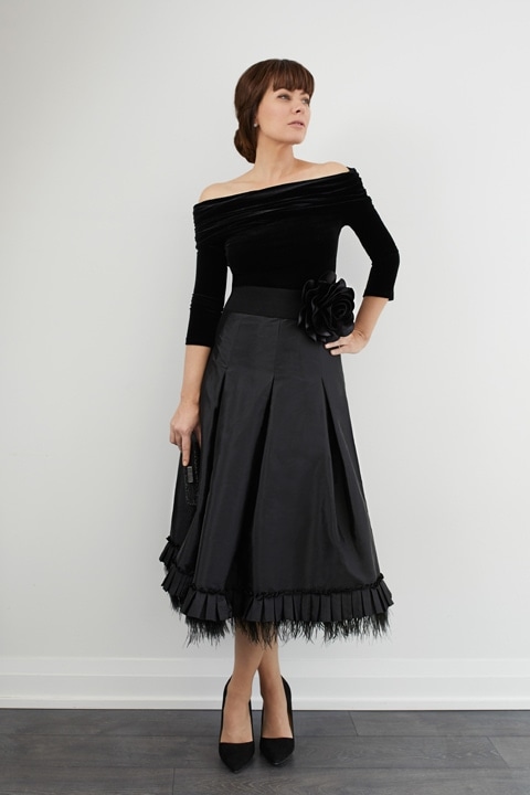 Black Taffeta Retro Skirt with Pleat and Ostrich Feather Trim & Velvet Off-Shoulder Top