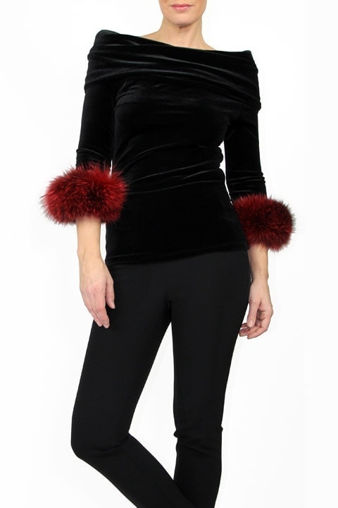 Black Velvet Off-Shoulder Top and Black Tech Stretch Cigarette Pant, RedBlack Tipped Fur Cuffs