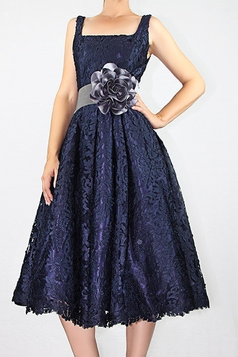 Navy Laser Cut French Lace Full Retro Dress