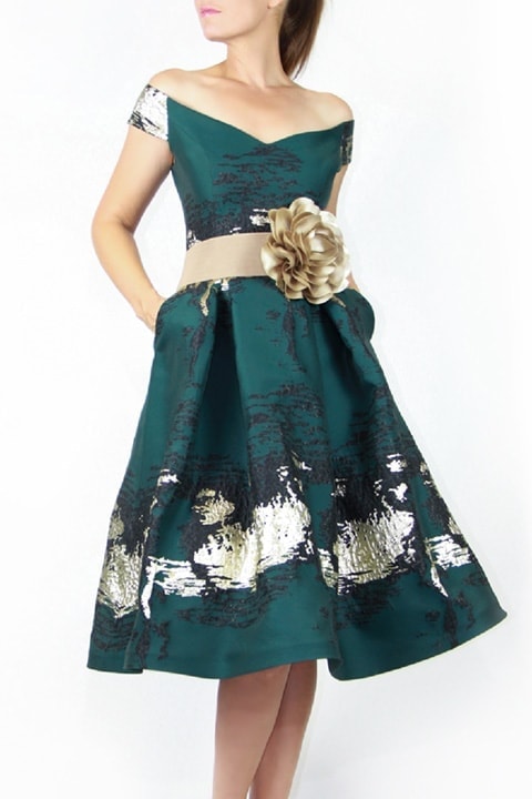 Forest Green Abstract Brocade Retro Dress