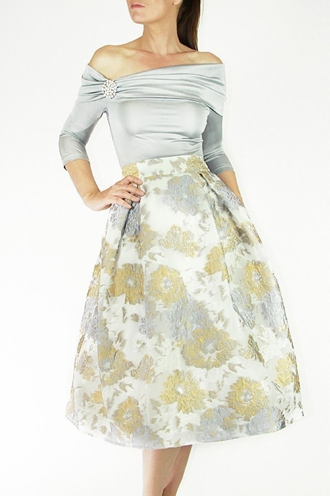 Silver Off Shoulder Jersey Top, Floral Jaquard Full Pleated Skirt