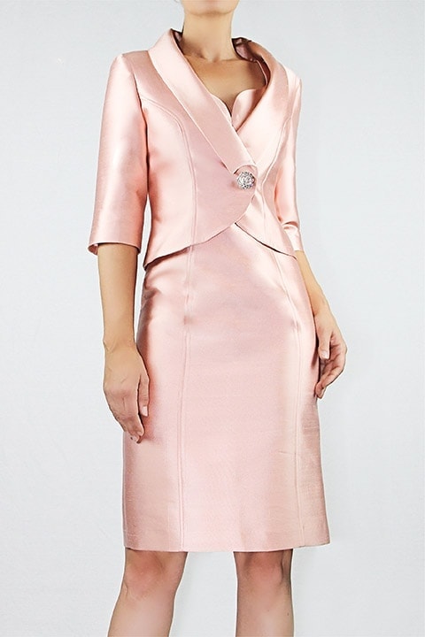 Shell Pink SilkWool Shangtung Short JacketSweetheart Neck Dress