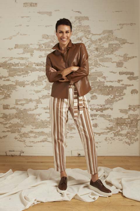 Addison Toffee Leather Shirt Jacket and Zoey Stripe Pant