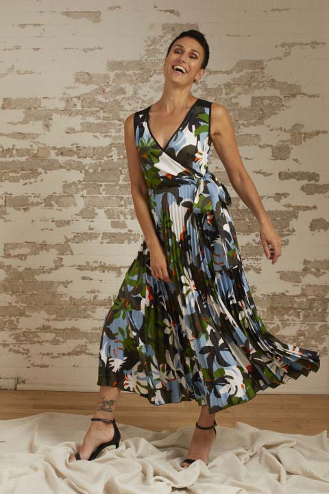 Bella Tropical Print Pleated Wrap Dress