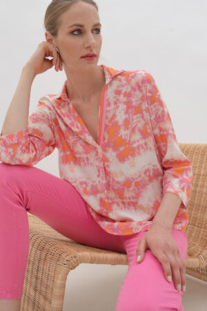 TINTA-Tie Dye Print Orange Coral/Pink 3/4 Sleeve Tunic Top